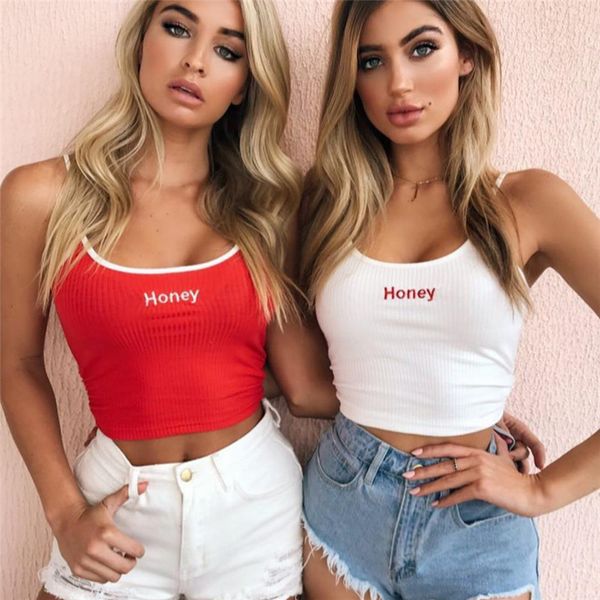 

2018 Sexy Women Crop Top Summer Honey Letter Embroidery Strap Tank Tops Cropped Feminino Ladies Elastic Shirt Vest Camisole S-XL