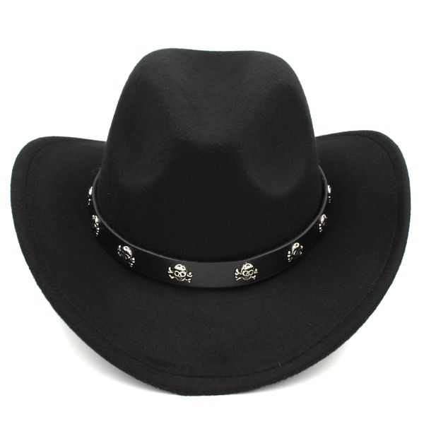 

new fashion men women wool blend western cowboy cap church hat wide brim sombrero godfather cap leather band with skull, Blue;gray