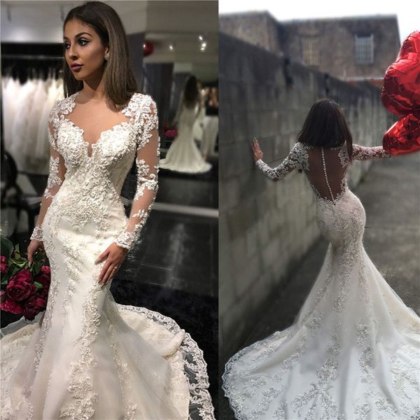 

charming mermaid wedding dresses with long sleeves lace applique sweetheart neck illusion country bridal gowns wedding dress custom made, White