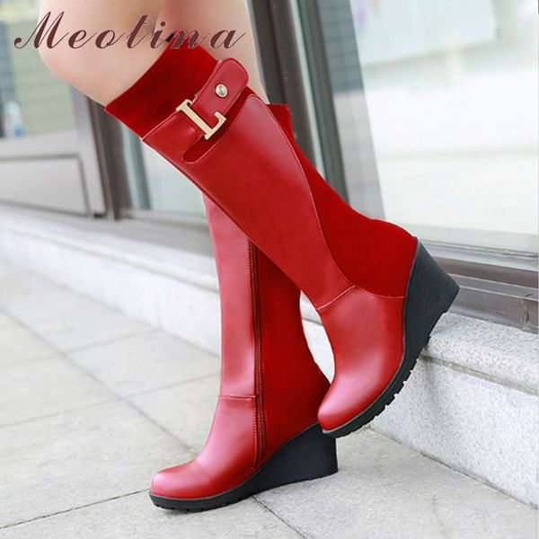 

meotina women knee high boots winter platform boots wedge heels fur buckle snow round toe female shoes red big size 11 46, Black