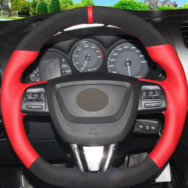 Red Genuine Leather Black Suede Car Steering Wheel Cover For Seat Red Genuine Leather Black Suede Car