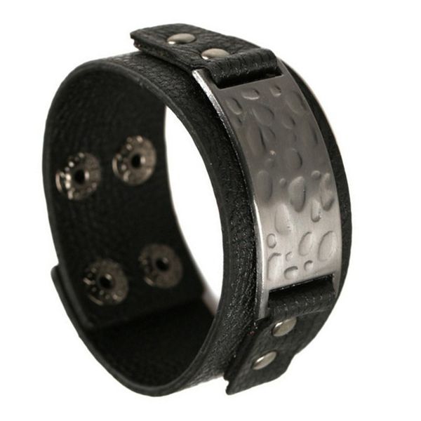 

new fashion alloy water drop seal id black leather bracelet men's punk wristband chain snap fastener men's jewelry accessries whol
