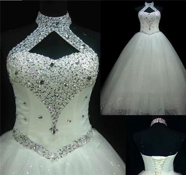 

beaded crystal ball gown wedding dresses real images halter neckline wedding gown sequin white tulle corset bridal gowns