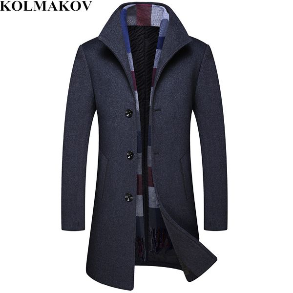 

2018 new brand mans wool jackets with plaid scarf men's woolen coats mens winter long overcoats for business m-3xl, Black