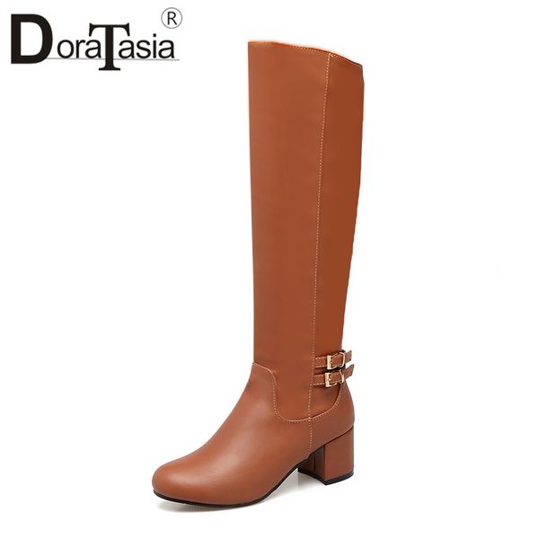 

doratasia plus size 34-43 comfortable 5.5cm high sqaure heels solid slip on knee-high women boots 2018 thick fur addable, Black