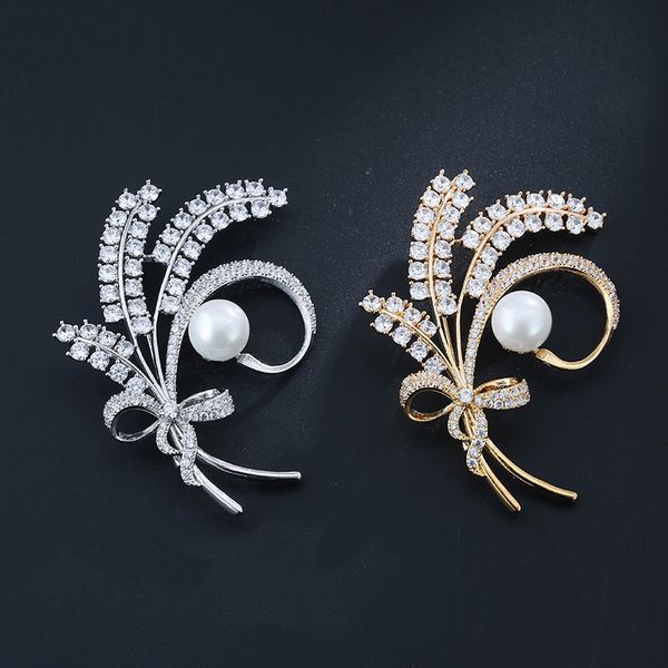 

honghong 2018 new cubic zirconia big brooches for dresses plant flowers brooch wedding dress fashion jewelry, Gray