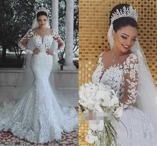 

2020 latest mermaid scoop wedding dresses long sleeves applique lace up bridal wedding gowns bride dresses, White