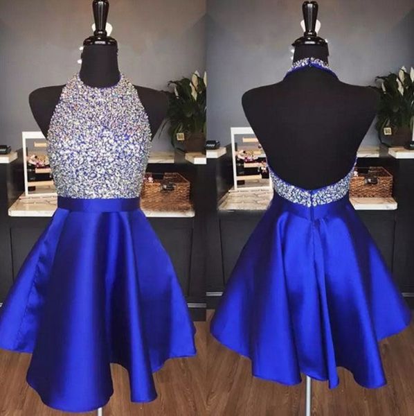 

2019 sparkly royal blue satin backless homecoming dresses jewel halter sequins crystal backless red short prom dresses party dresses, Blue;pink