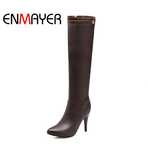 

enmayer new arrival fashion women pointed toe zip knee high boots lady solid thin heel boots big size 34-43 zyl662, Black