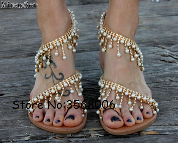 

crystal beading embellished lady slip-on sandals clip-toe classic woman flats gladiator shoes pearl fringed flip-flops, Black