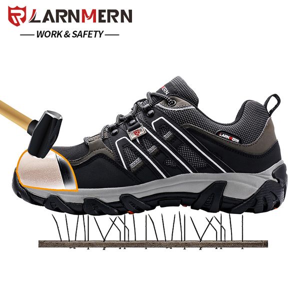 

larnmern men steel toe safety work shoes breathable hiking sneaker multifunction protection footwear, Black