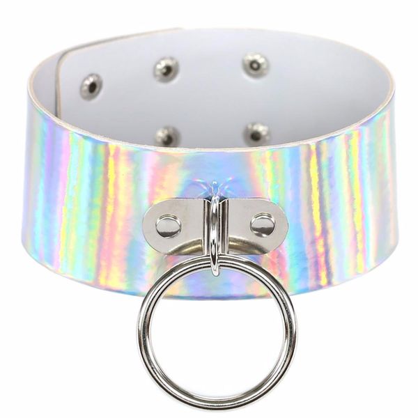

rainbow pu leather choker necklace gift for women holographic choker o round metal chocker fashion jewelry, Golden;silver