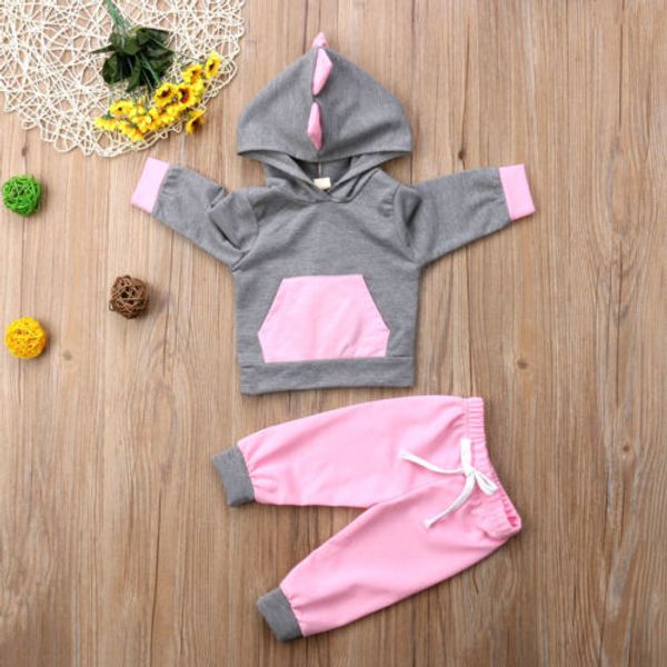 

2018 canis newborn baby girls 3d dinosaur pink sweatshirt long pants outfits clothes autumn cartoon set, White