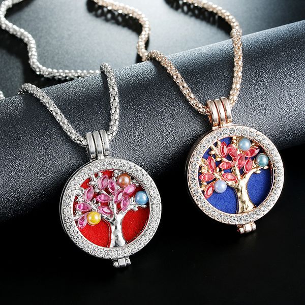 

fashion crystal tree of life perfume locket necklace aromatherapy essential oil diffuser necklace for women jewelry, Silver