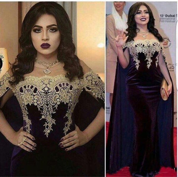 

Saudi Arabic Style Evening Dresses With Cape Off the Shoulder Lace Mermaid Clebrity Dresses Formal Prom Gowns Latest Party Gown
