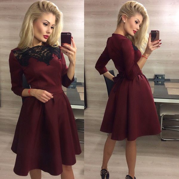 

осень sexy club платья женщины тонкий шею три четверти рукава кружева dress старинные длиной до колен bodycon party dress vestidos, White;black