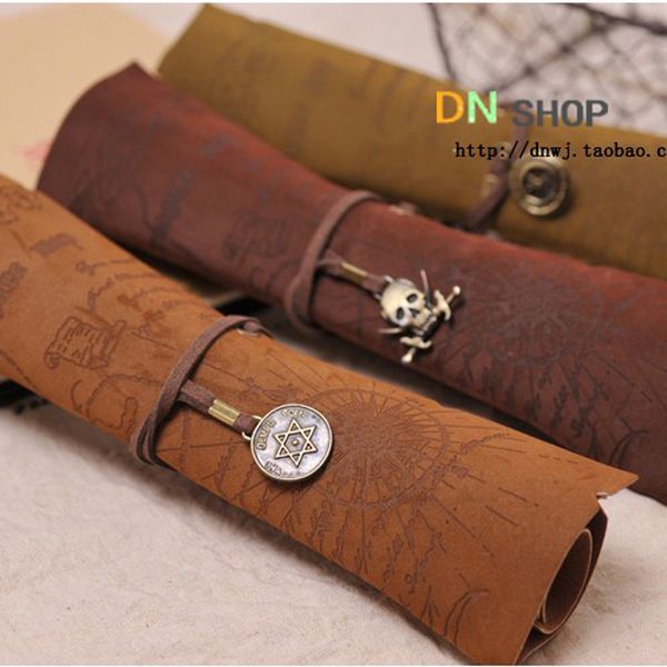 

vintage pirate roll up pu leather pen pencil case bags treasure map kid party gift favor make up cosmetic bag