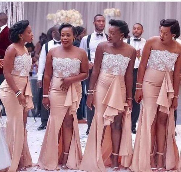 

african 2018 white lace peach satin skirt mermaid bridesmaid dresses long sheer neck ruffle side split maid of honor gowns en12216, White;pink