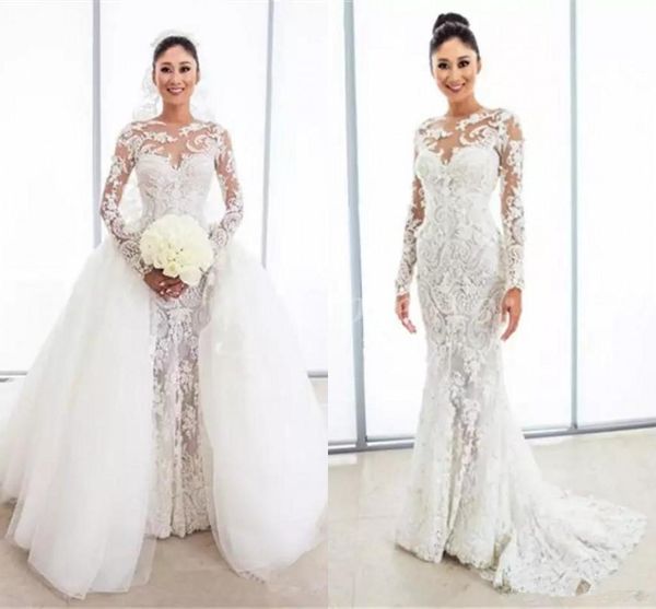 

steven khalil свадебные платья со съемной юбкой 2018 роскошные детали бисером жемчуг с длинным рукавом русалка дубай арабские свадебные плат, White