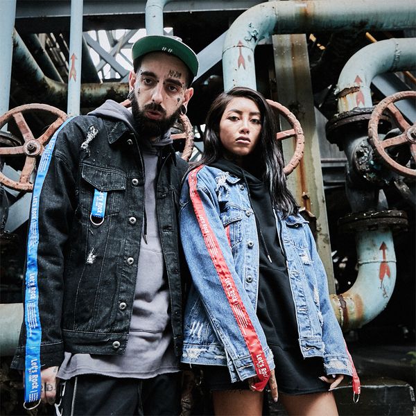 

street hip hop couple denim jacket kanye west loose let's rock lace up hole stand patch design jeans jackets solid vintage coats, Black;brown