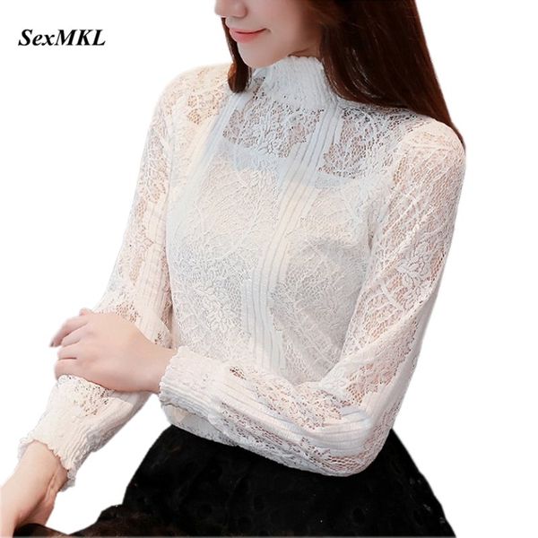 

sexmkl ladies lace hollow out 2018 blouses autumn long sleeve white blouse women korean office shirts blusa feminina