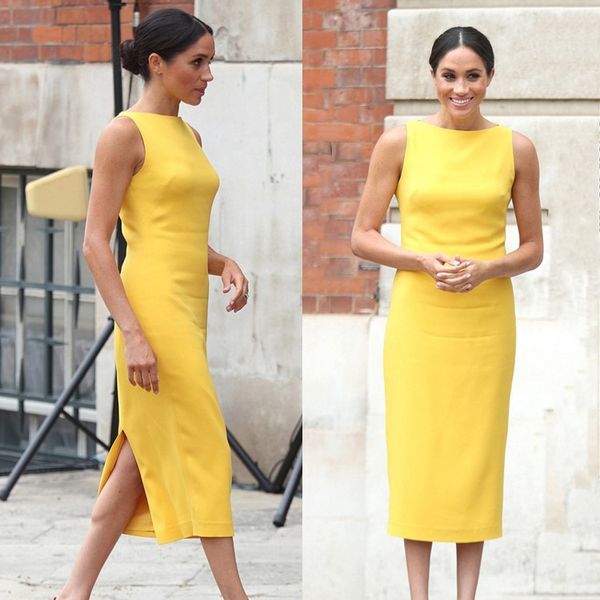

2018 women elegant brief dress chic harry princess megan yellow midi dress sleeveless, Black;gray