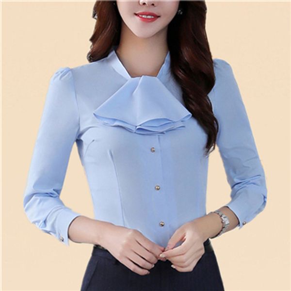 

2018 spring fashion v-neck shirt women career temperament formal long sleeve chiffon blouse office ladies plus size, White