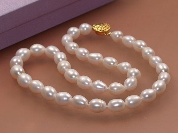 

7-8mm genuine natural rice white akoya cultured pearl 14k gp clasp necklace 18", Silver