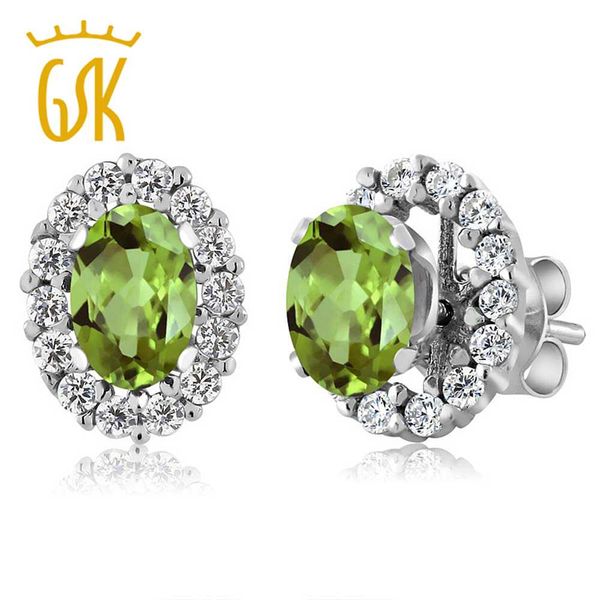 

gemstoneking art deco 925 sterling silver earrings for women 1.36 carat oval natural peridot stud earrings with jackets, Golden;silver