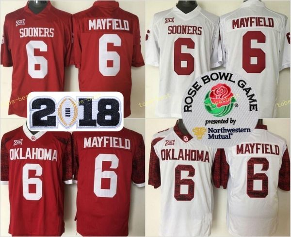 

Mens 2018 NCAA Heisman Rose Bowl Patch Jersey Oklahoma Sooners #6 Baker Mayfield Red White Limited Stitched College Football Jerseys