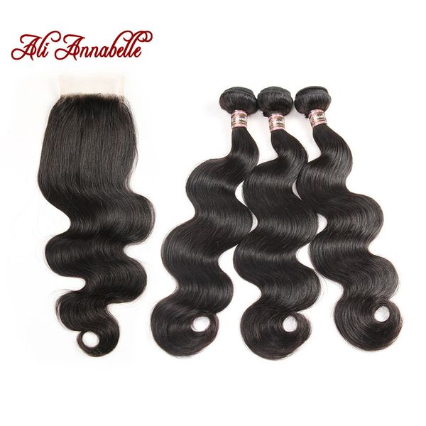 

ali annabelle hair brazilian body wave human hair bundles with closure brazilian body hair 3 bundles remy hair with part, Black;brown