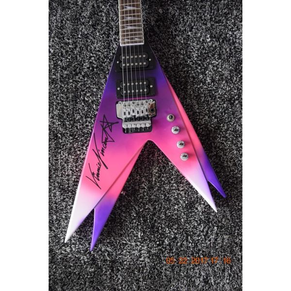 Custom Ed Roman DE Vinnie Vincent Flying V Double V Purple Pink Chitarra elettrica, tastiera in palissandro Shark Fin Inlay, Floyd Rose Tremolo