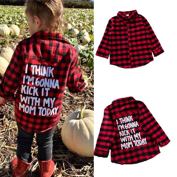 Menino menino menina manga longa xadrez camisa vermelha preto lattice manga longa tops blusa casual outwear letra impressão casaco crianças roupas c5320