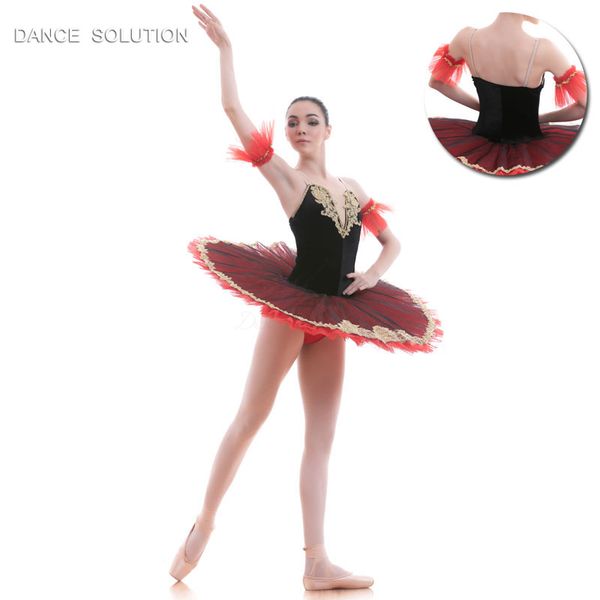 

spanish tutu black velet red tulle pre-professional ballet tutu girl & women stage ballet costume ballerina gold applique, Black;red