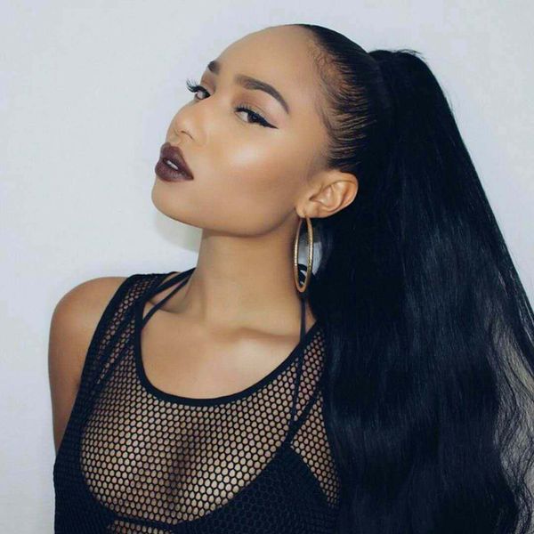 

120g kinky straight hair ponytail clip in long straight hairpieces brazilian human hair wrap around pony tails hair extensions natural color, Black