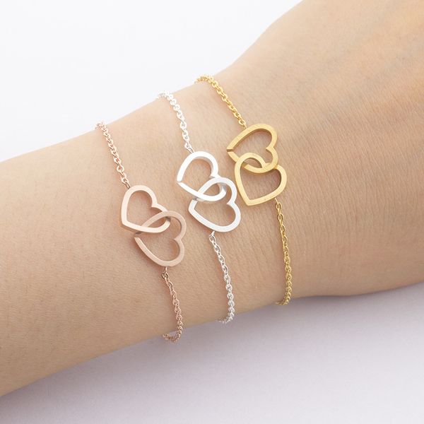 

boho rose gold double heart charm bracelets for women tiffan jewelry stainless steel men love pulseras mujer moda 2018 gift, Black