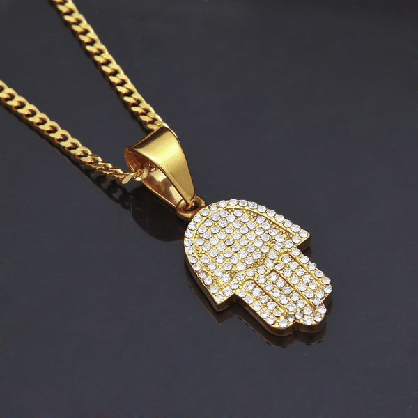 2018 Lucky Jewelry! Hamsa Mão Mens Golden Chain Colar Micro Pave Cubic Zirconia Mão de Pingente de Fátima Colares para Hiphop