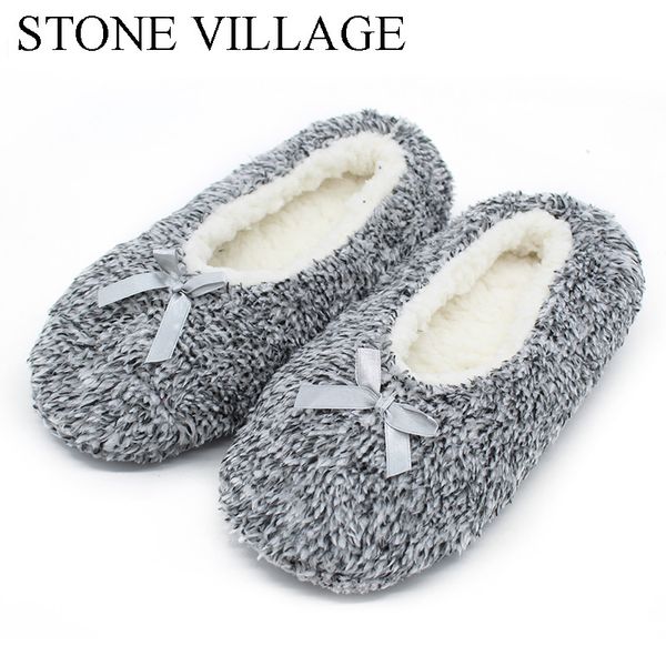

stone village new arrival winter warm plush slippers solid super soft home slippers indoor butterfly-knot women shoes, Black
