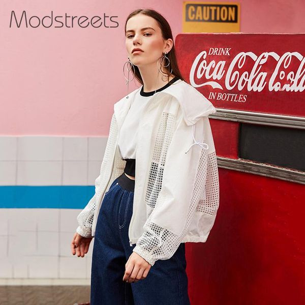

modstreets hollow out women basic jacket solid white drawstring transparent zipper casual thin slim autumn coat bomber jacket, Black;brown