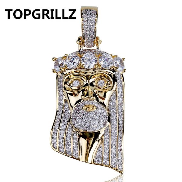 TOPGRILLZ Hip Hop Nova Moda Banhado A Ouro Cor Iced Out Big CZ Pedra Mascarada Jesus Rosto Pingente de Colar de Cristal Com Três Tipo