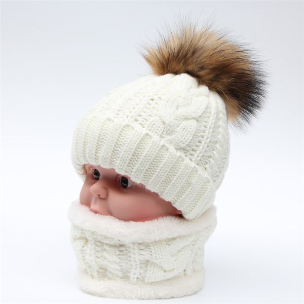 

cotton warm skullies knitted hat kids winter hats beanies boy girls real raccoon fur pompom hat scarf sets children hats scarf