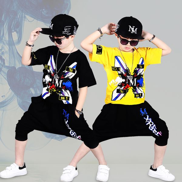 

boys short-sleeved costumes kindergarten children recitals chorus children hip-hop street dance show set tide, Black;red