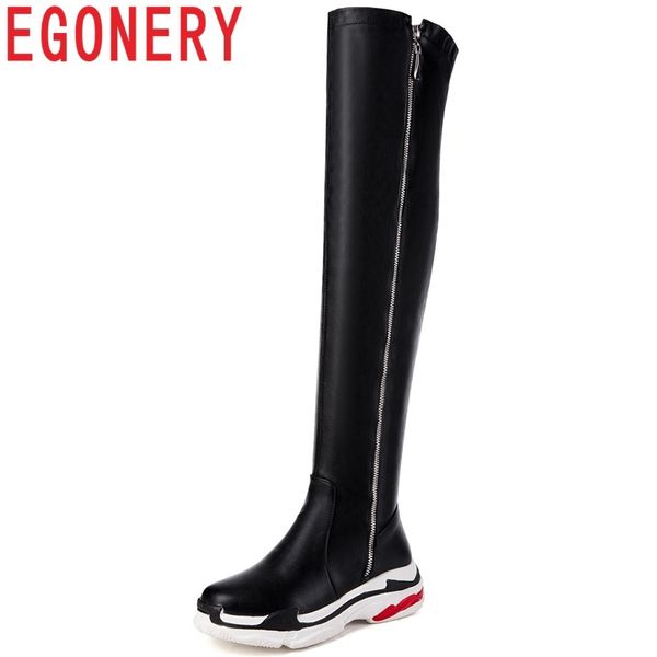 

egonery 2018 winter new concise casual round toe women shoes med wedges platfrom heel height 5 cm zip large size over knee boots, Black