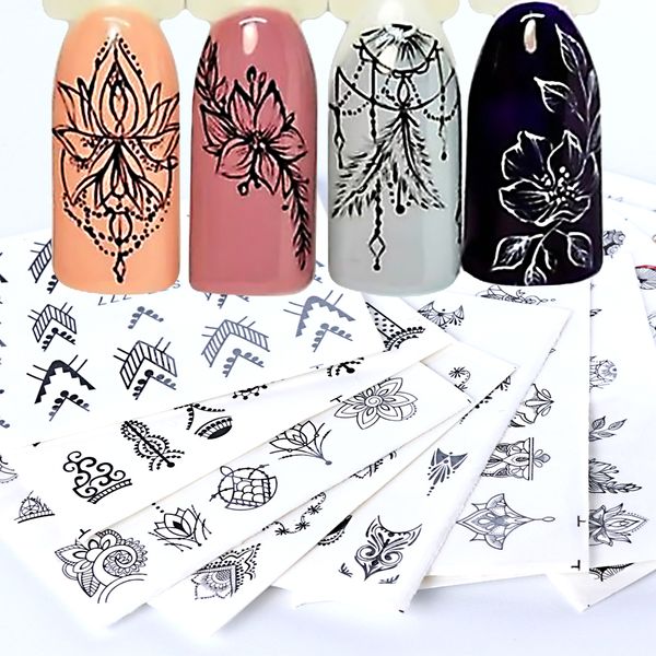 

12pcs retro nail polish sticker decals flowers black blossom vine necklace rose watermark decoration manicure wraps 766-778