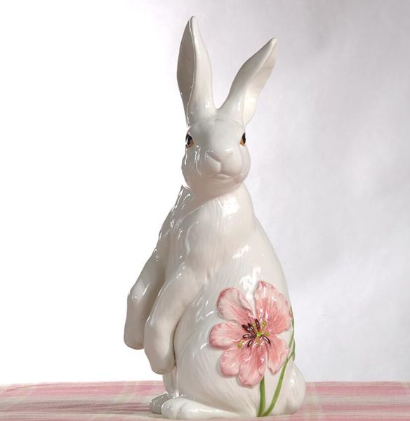 Cerâmica branca Flores de Cerejeira coelho estátua home decor artesanato decoração do quarto de porcelana animal figurinhas decorações de casamento