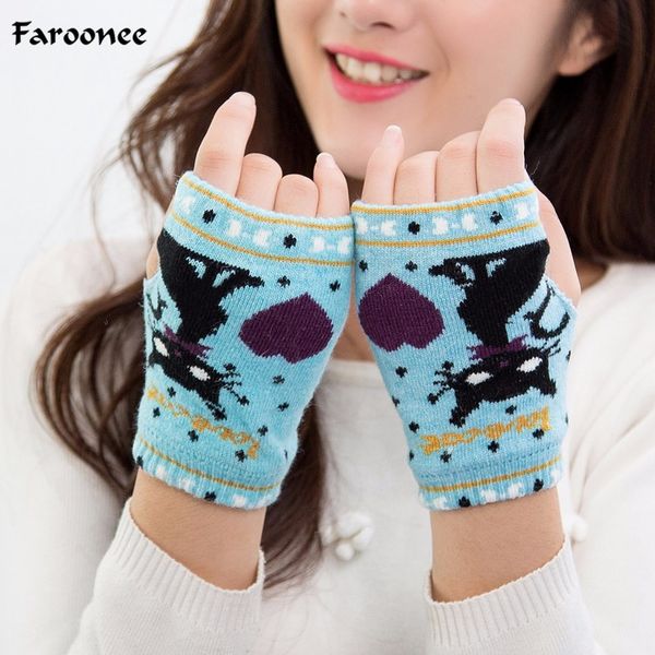

2018 warm gloves women lady lovely cartoon cat heart print fingerless wrist hand gloves mittens xmas gifts female s4367, Blue;gray
