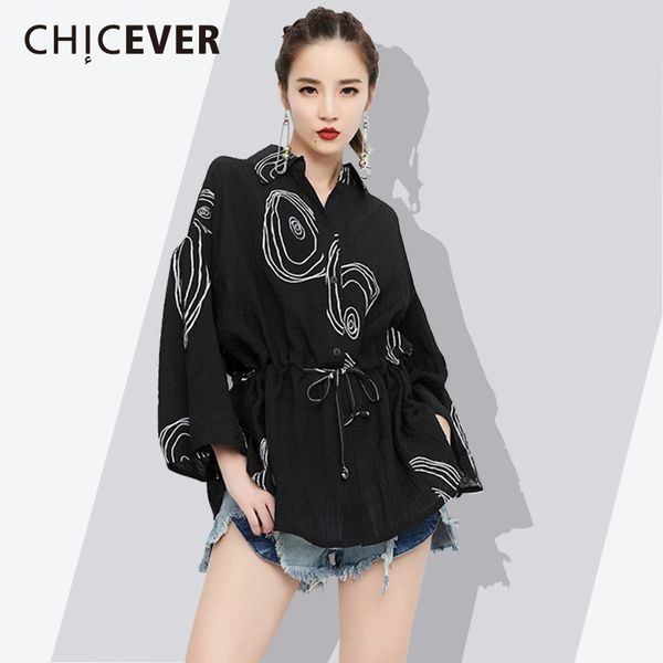 

chicever 2018 summer women's fashion blouses lapel flare sleeve slim bandage print female shirt irregular loose new tide, White