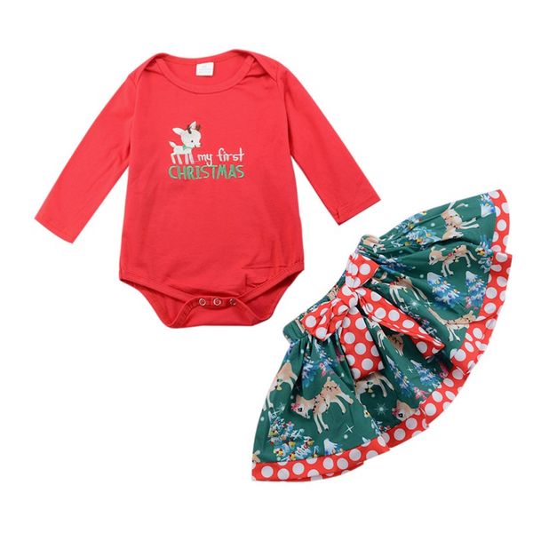 

baby girls spring autumn christmas print cartoon romper+bow-knot skirt sets newborn infant soft cotton fashion 2pcs clothing set, White