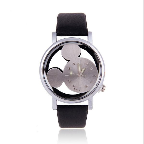 

hollow cartoon dial couple quartz wristwatches mouse pattern leather strap watches lovely men women lovers clocks relogio saat, Slivery;brown