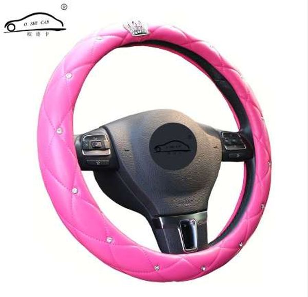 

upscale crystal crown coverd women car steering- wheel braid luxurious diamond pu leather steering wheel cover diameter 38 cm